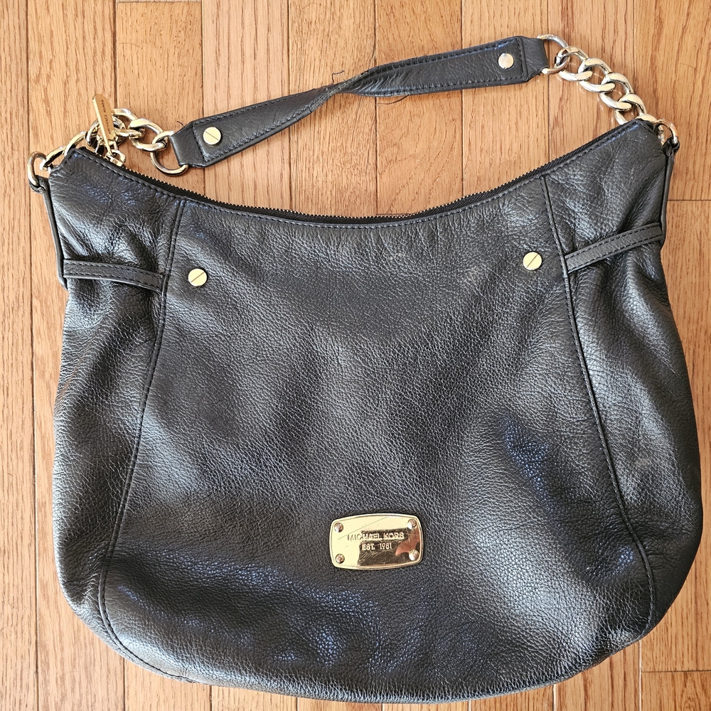 Michael Kors Black Leather Hobo Bag with Gold Accents